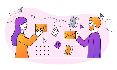 Support service concept. Man and woman send emails to customer support service or hotline. Help for site or applications users. Cartoon doodle flat vector illustration isolated on white background