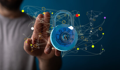 Businessman using digital padlock with data protection 3D rendering