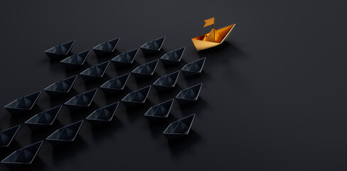 Group of black paper boats with golden leader on dark background	
