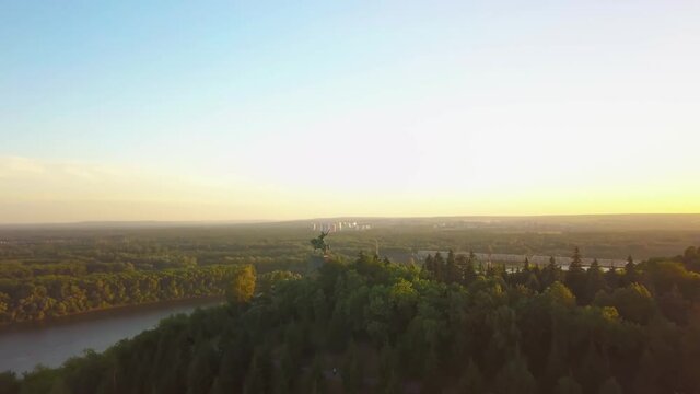 Aerial panoramic view to cultural center of Ufa Capital of Bashkortostan at beautiful magic hour evening sunset time at summer