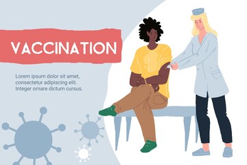 Vector cartoon flat doctor vaccinates patient character-coronavirus covid infection disease prevention,diagnostics,treatment and therapy medical concept,web site banner ad design