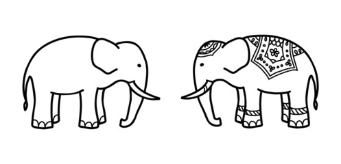 Asian Elephant Hand Drawn Illustration. Side view of Indian Ethnic Elephant