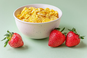 cornflakes in a bowl and ripe juicy strawberries on a light green surface