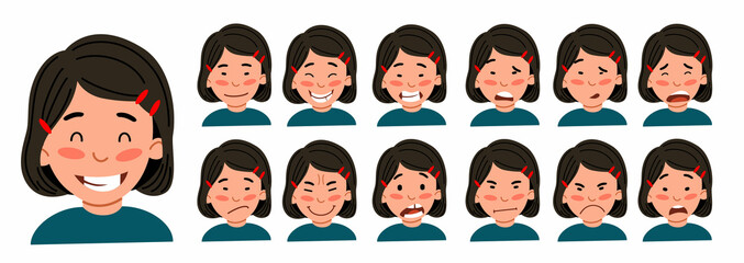A set of female emotions. The expression on his face. The Asian girl is an Avatar . Vector illustration of a flat design on a white isolated background.