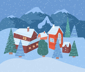 Winter village landscape. Poster with beautiful cozy houses in thicket of forest. Land and mountains covered with snow. Atmosphere of New Year or Christmas. Cartoon modern flat vector illustration