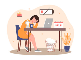 Work burnout concept. Tired woman sitting at her laptop and asks for help. Employee with low energy level. Sad female character. Cartoon modern flat vector illustration isolated on white background