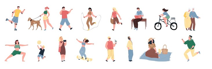 Set of vector flat cartoon characters enjoy summer outdoor activities-walking,bicycle riding,skating,jumping,running,reading,doing yoga.Healthy sporty lifestyle social concept,web site banner design