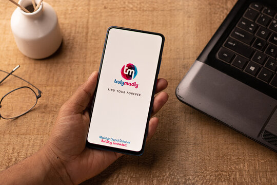 Assam, india - March 10, 2021 : TrulyMadly logo on phone screen stock image.