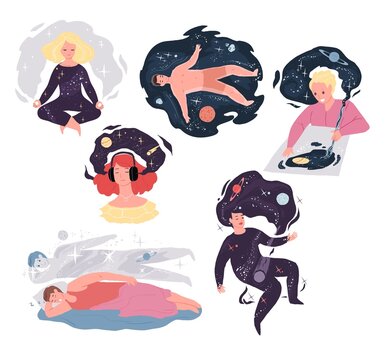 Set of vector cartoon characters in graphic metaphors for creative positive mind work.Meditation,music listening,drawing,imagination,lucid dreams-human brain inner world concept,web site design