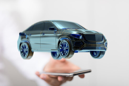 Autonomous car with HUD graphic of Navigation system driving