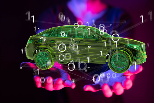 Autonomous car with HUD graphic of Navigation system driving