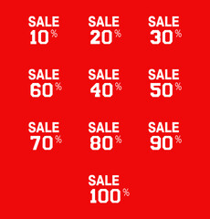 Sale icons set, 10%, 20%, 30%, 40%, 50%, 60%, 70%, 80%, 90%, 100% discount on label symbols. Sale banners modern design.