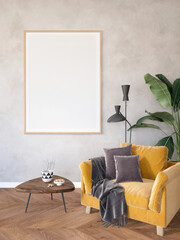 modern living room with a yellow armchair and plant, frame mockup in the living room,  light interior of living room with wood floor and gray wall, 3d render