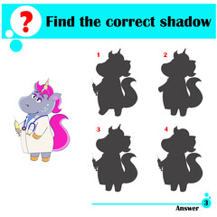 Find the correct shadow. Cartoon cute unicorn doctor