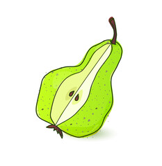 A vector image. Green pear in the section with seeds. The composition of the pear, the structure of the pear.