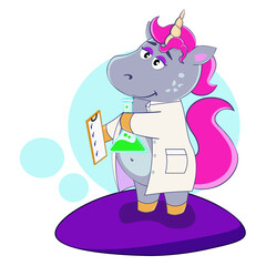 Scientist unicorn with notepad and flask