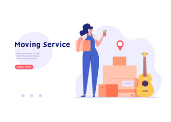 Moving service in new house or apartment. Delivery team with cardboard boxes for home stuff. People moving in new home. We’re moving concept. Vector illustration for Web Design