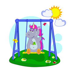 Obraz premium A cartoon unicorn swinging on a swing