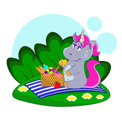 Cartoon unicorn on a picnic outdoor