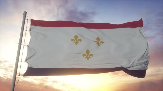 Flag of New Orleans, city of United States of America waving in the wind, sky and sun background