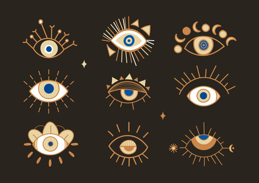 Evil eye abstract set. Stickers with magical attributes that protect person. Design elements for posters and social networks. Cartoon modern flat vector collection isolated on black background