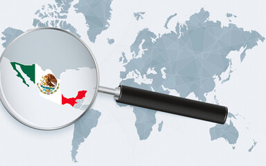 World map with a magnifying glass pointing at Mexico. Map of Mexico with the flag in the loop.