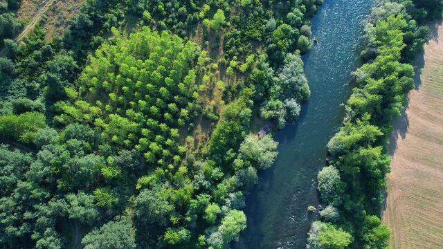 Aerial view from a drone of the landscape in Verdiago in the surroundings of the river Esla. In the Municipality of Cremenes in the Province of Leon. Castilla y Leon, Spain, Europe
