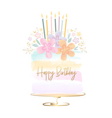 birthday cake with flowers and candles watercolor effect