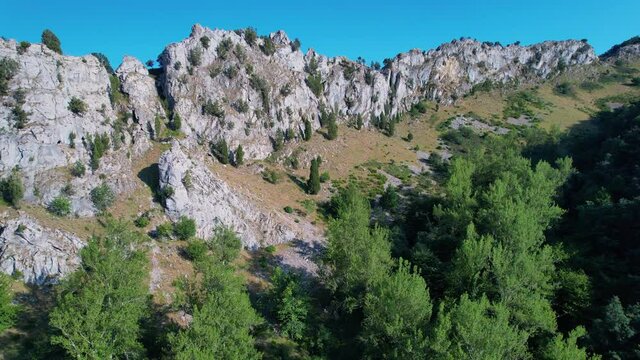 Aerial view from a drone of the landscape in Verdiago in the surroundings of the river Esla. In the Municipality of Cremenes in the Province of Leon. Castilla y Leon, Spain, Europe
