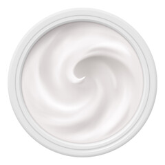 White Cosmetics Cream in Package Container Top View on White Background. Cosmetic Product for Care to Skin Face. Applicable for Dairy or Cosmetic Products Ads or Packaging Design