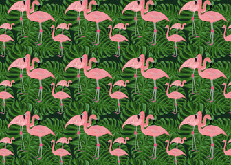 Pattern pink Flamingos and monstera leaves