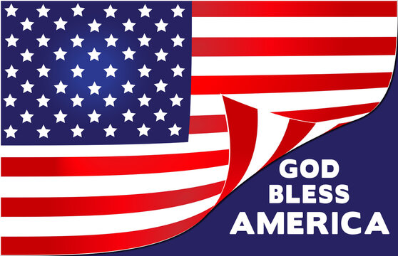Graphic image of an American Flag with the edge curled and text, God Bless American, on the back layer beneath the curled part of flag.