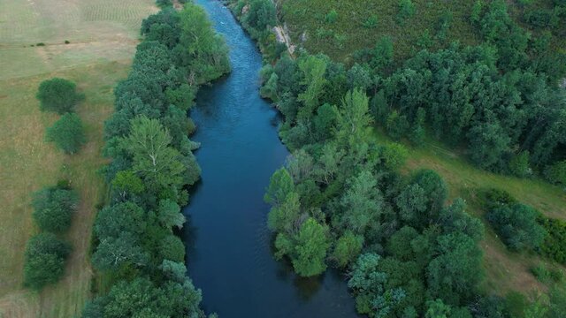 Aerial view from a drone of the landscape in Verdiago in the surroundings of the river Esla. In the Municipality of Cremenes in the Province of Leon. Castilla y Leon, Spain, Europe