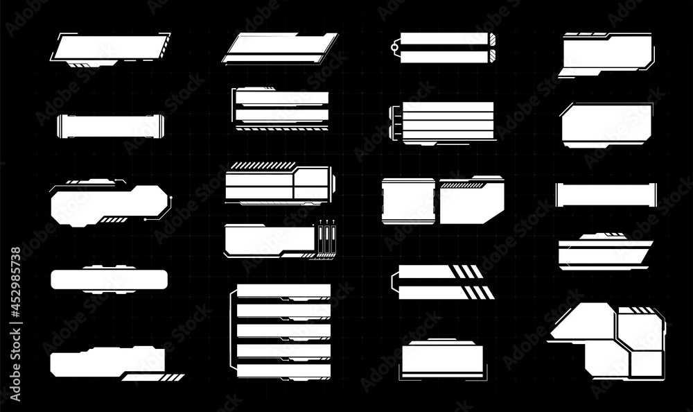 Poster HUD set frames. Futuristic modern user interface elements, hud control panel. High tech screen for video game. Sci-fi concept design. Information call box bars and modern digital info boxes layout