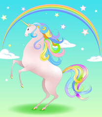 Obraz na płótnie Canvas Fabulous pink unicorn stands on its hind legs against a background of rainbow and stars