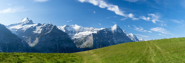 panorama sur un paysage alpestre avec des prairies vertes et une chaine montagneuse avec de la...