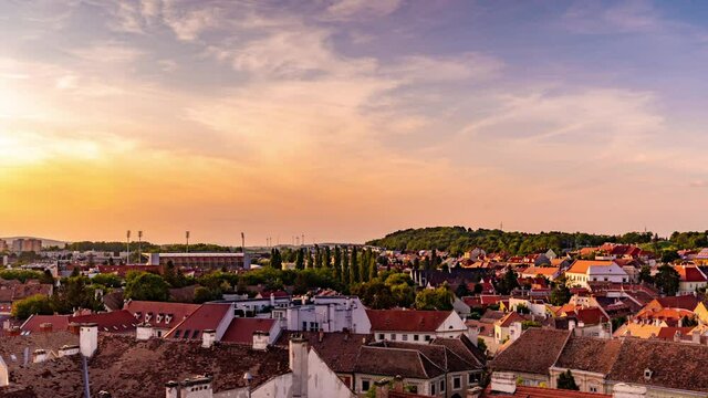 Time-lapse aerial view on the city Sopron a sunny summer day from the Medieval Fire Tower.