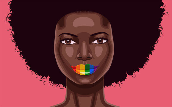 Close up vector portrait of young cheerful African American woman who has lipstick with rainbow colors of lgbt flag 
