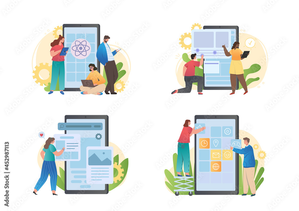 Poster development mobile application collection. set of posters with the stages of creating digital produc