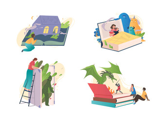 Set of mystical stories in books. Male and female characters read interesting stories with mysterious monsters. Fantastic world of fairy tales. Cartoon flat vector collection on white background