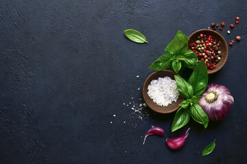 Culinary background with traditional italian spices : basil, garlic, sea salt, pepper and olive oil . Top view with copy space.
