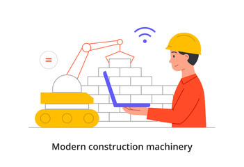 Equipment for building construction. Employee holds laptop in his hand and manages construction online. Crane lays brick and builds wall. Cartoon flat vector illustration isolated on white background