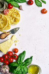 Culinary background with traditional ingredients of italian cuisine. Top view with copy space.