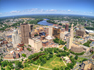 Boston, Massachusetts Skyline from above by Drone during Summer Time - obrazy, fototapety, plakaty