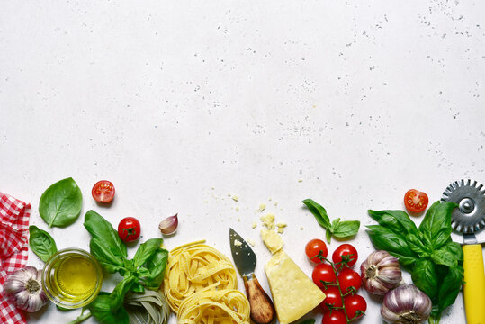 Culinary background with traditional ingredients of italian cuisine. Top view with copy space.