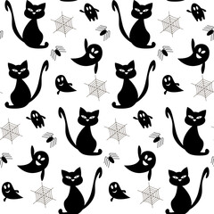 Black and white pattern for halloween. Vector illustration. Ghosts, black cat, spider with cobwebs. For holiday decoration, prints, packaging, postcards, decorative work, fabrics, covers and flyers.