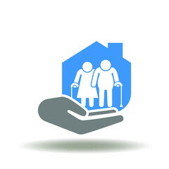 Hand hold house with pensioners couple vector illustration. Logo of nursing home. Pensioner care symbol. Retirement icon.