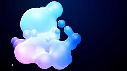 3d render. Spheres or balls merge like liquid wax drops or metaballs in-air. Liquid gradient of blue colors on beautiful drops with glow, scattering light inside.