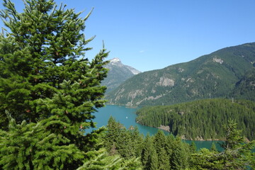 Fototapeta na wymiar The beautiful scenery of Diablo Lake, nestled within the North Cascade Mountains, in the Pacific Northwest, Washington State.