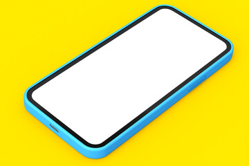 Realistic blue smartphone with blank white screen isolated on yellow background
